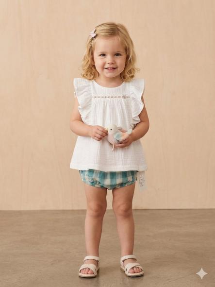Nekenia Conjunto Bebé Blusa Sin Manga Blanca Braguita Cuadros 24VC06 Verde