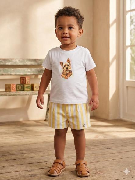 Nekenia Conjunto Bébe Camiseta Blanca m/c Perrito  Pantalón Corto Rayas Amarillo 2321101 [0]