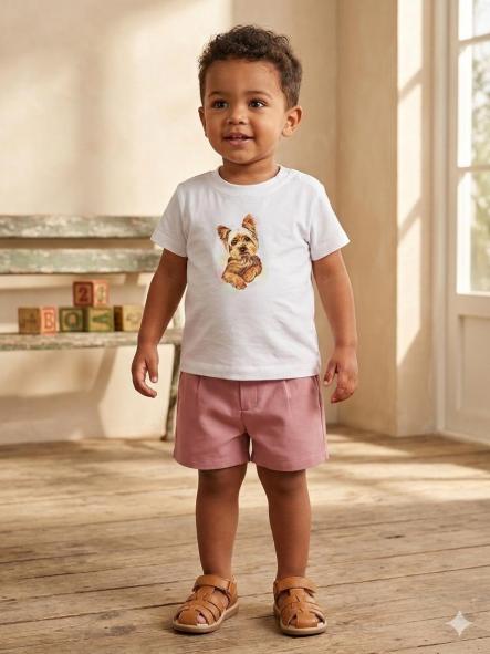 Nekenia Conjunto Bébe Camiseta Blanca m/c Perrito  Pantalón Corto Rosado 2321101