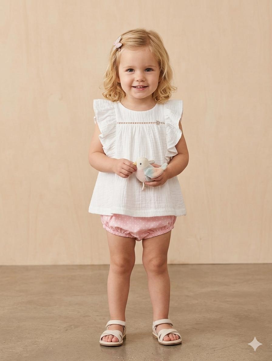 Nekenia Conjunto Bebé Blusa Sin Manga Blanca Braguita Topos 24VC06 Rosa