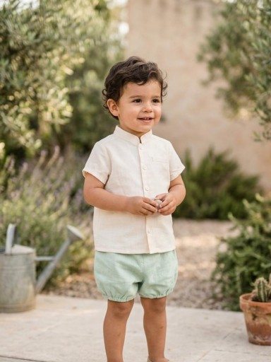 Nekenia Conjunto  Bébe Camisa Beig  m/c Cuello Mao Pantalón Corto Verde 2321029 [0]