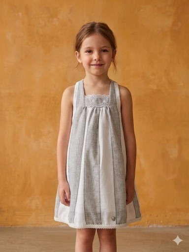 Nekenia Vestido Infantil Ceremonia Evasé Rayas Gris Blanco Puntilla 2321832 [0]