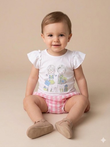 Vera by Nekenia Conjunto bebe Camiseta Blanca Chicas Braguita Sobrefalda Cuadros 24VC09 Rosa [0]