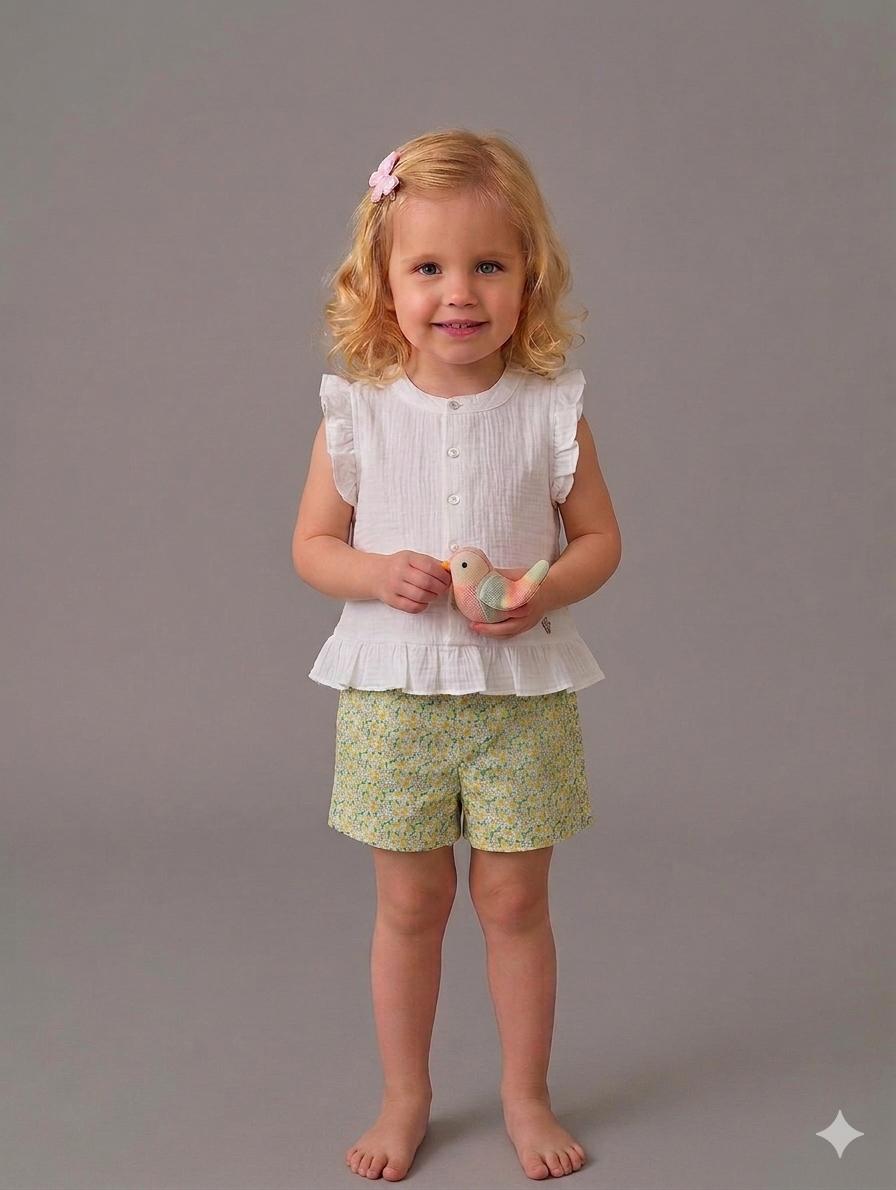 Vera by Nekenia Conjunto Infantil Busa Blanca Pantalon Flores Amarillo 24VC08