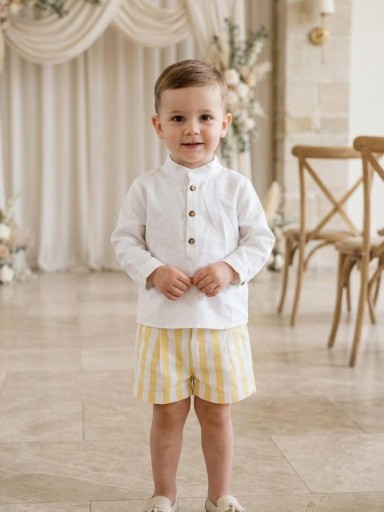 Nekenia Conjunto Bébe Camisa Blanca m/l Pantalón Corto Rayas Amarillo 22VP11 [0]