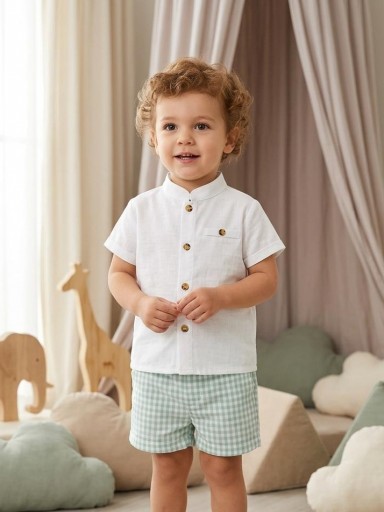 Vera by Nekenia Conjunto  Bébe Camisa Blanca m/cCuello Mao Pantalón Corto Cuadro Vichy Verde 24VP11 [0]