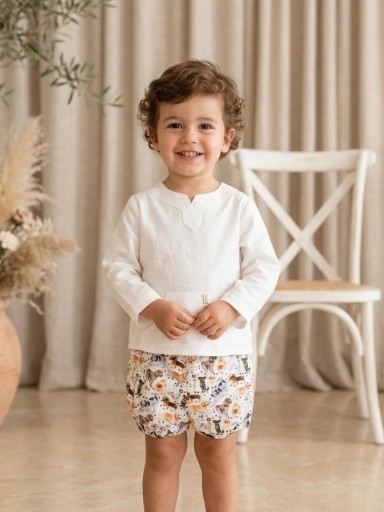 Nekenia Conjunto Bébe Camisa Blanca m/l Bolsillos canguro  Pantalón Corto Estampado Perritos 2321501 [0]