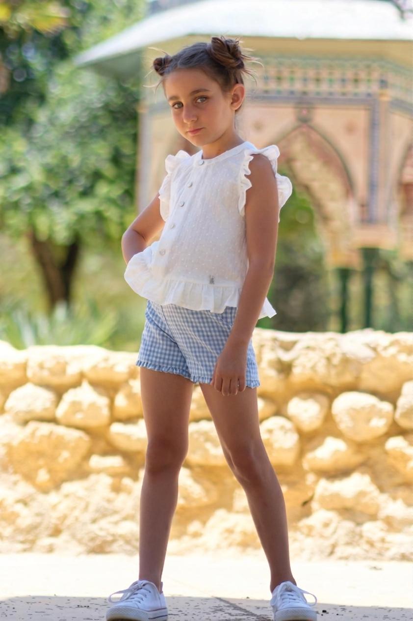 Nekenia Conjunto Infantil Blusa Plumeti Short Cuadros Vichy Azul Volante Bajo 24VC01Azul