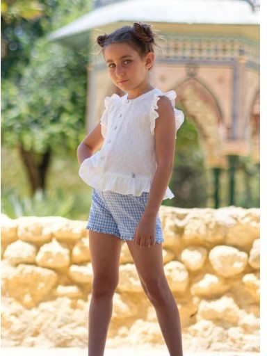 Nekenia Conjunto Infantil Blusa Plumeti Short Cuadros Vichy Azul Volante Bajo 24VC01Azul [0]