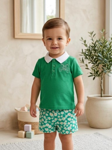 Vera By Nekenia Conjunto Bébe Polo Verde m/c Pantalón Corto Margaritas 23VB01 [0]