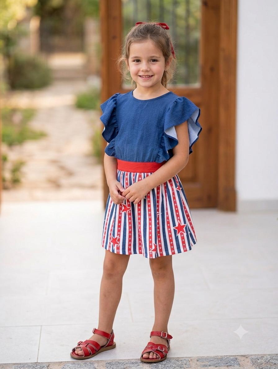 Nekenia Vestido Infantil Cuerpo Marino Volantes Falda Rayas Rojo Azul Estrellas 23VV04