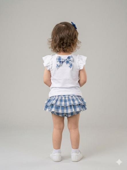 Vera by Nekenia Conjunto bebe Camiseta Blanca Chicas Braguita Sobrefalda Cuadros 24VC09 Azul [1]