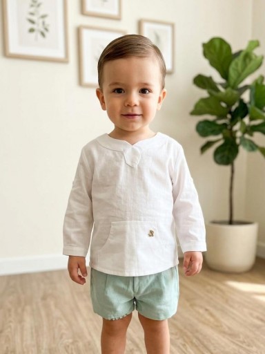 Nekenia Conjunto Bébe Camisa Blanca Bolsillos Canguro Pantalón Corto Verde 2221503