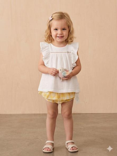 Nekenia Conjunto Bebé Blusa Sin Manga Blanca Braguita Sobrefalda Cuadros 24VC06 Amarillo [0]