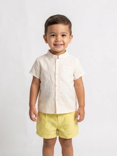 Nekenia Conjunto Bébe Camisa Beig m/c Pantalón Corto Cuadro Vichy  Amarillo fluor 2321500 [0]