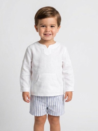 Nekenia Conjunto Bébe Camisa Blanca m/l Bolsillo Canguro Pantalón Corto Rayas Azul 2221503 [0]