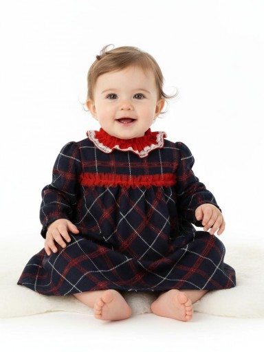 Miranda Vestido Bebe Marino Cuadros Cuello Rojo "North" 36/0129/V