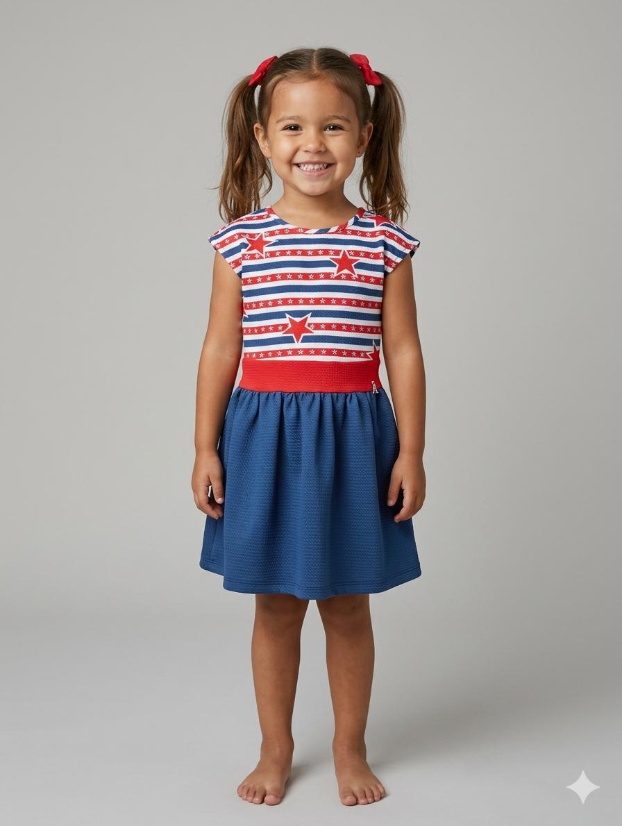 Nekenia Vestido Infantil Rayas Rojo Azul Estrellas Talle Bajo Sin Mangas 23VV02