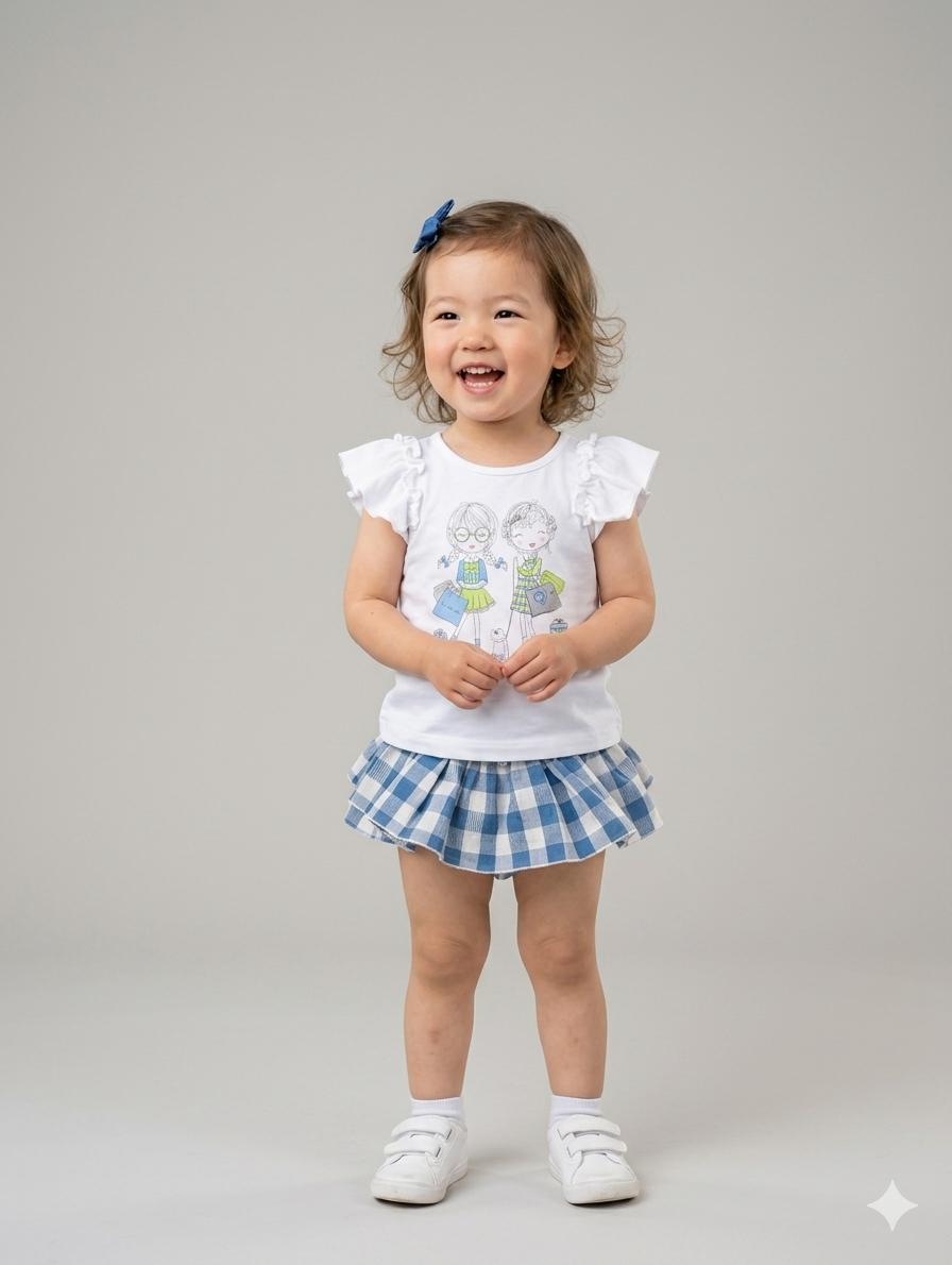 Vera by Nekenia Conjunto bebe Camiseta Blanca Chicas Braguita Sobrefalda Cuadros 24VC09 Azul