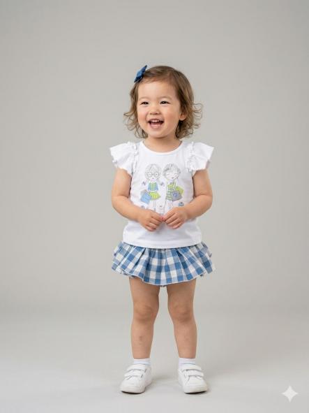 Vera by Nekenia Conjunto bebe Camiseta Blanca Chicas Braguita Sobrefalda Cuadros 24VC09 Azul [0]