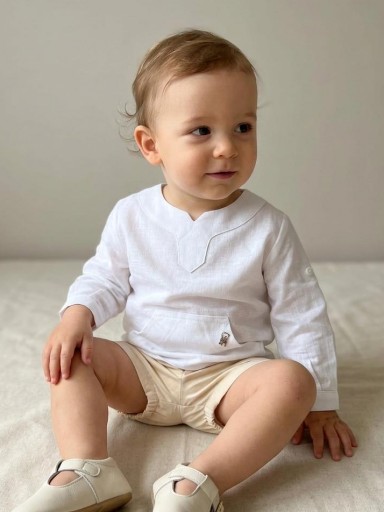 Nekenia Conjunto Bébe Camisa Blanca m/l Bolsillos canguro  Pantalón Corto Beig 22VB11 [0]