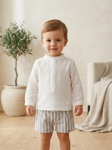 Nekenia Conjunto Bébe Camisa Blanca m/l Pantalón Corto Gris Rayas 22VP05 [0]