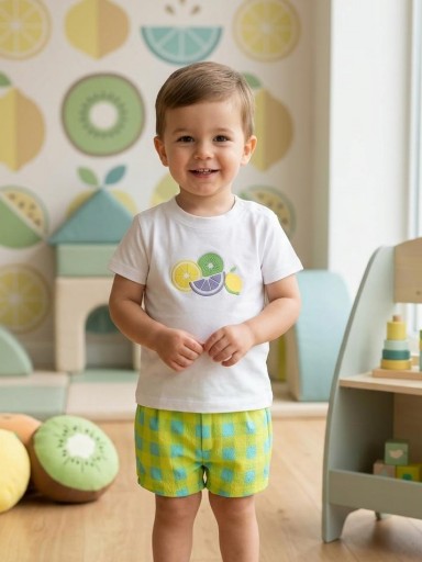 Nekenia Conjunto Camiseta Blanca m/c Citricos Pantalón Corto Cuadros Azul Verde 22VB05 [0]