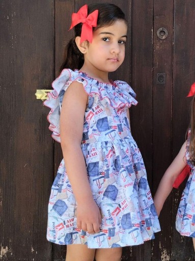 Daniesty Vestido Infantil Vuelo Estampado “Air Mail” Volante Vivo Rojo Familia 002