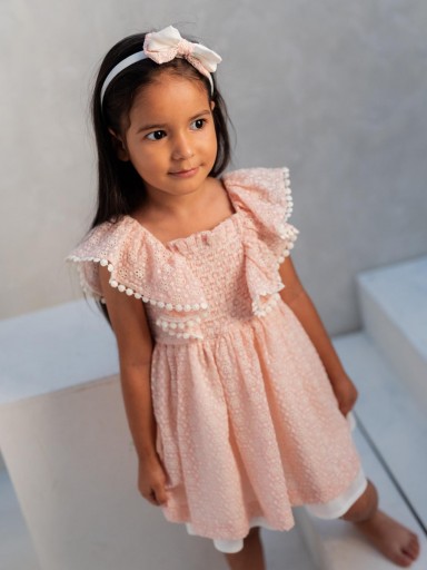 Basmarti Vestido Infantil Rosa Bordado Flores David de Dónatelo Volantes Cuerpo Gomas 24151