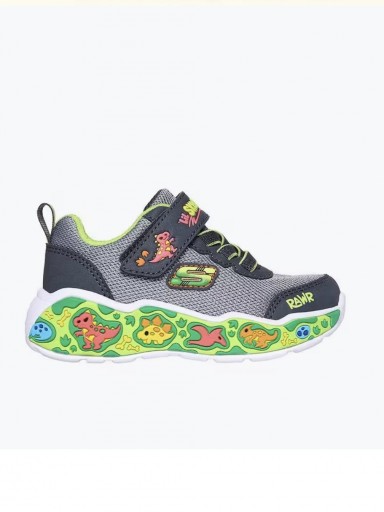 Skechers Deportivo Infantil Play Scene Dinosaurios Gore Strap Sneaker Gris/Verde Lavable a máquina 407312N CCLM