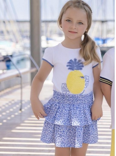 Miranda Conjunto Infantil Camiseta blanca serigrafia piña falda estampada en Azul "Hibisco" 0628/2F [2]
