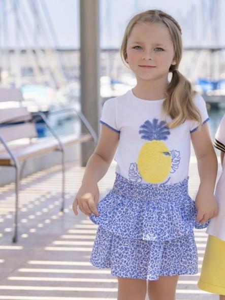 Miranda Conjunto Infantil Camiseta blanca serigrafia piña falda estampada en Azul "Hibisco" 0628/2F