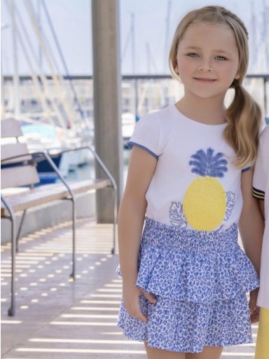 Miranda Conjunto Infantil Camiseta blanca serigrafia piña falda estampada en Azul "Hibisco" 0628/2F [1]