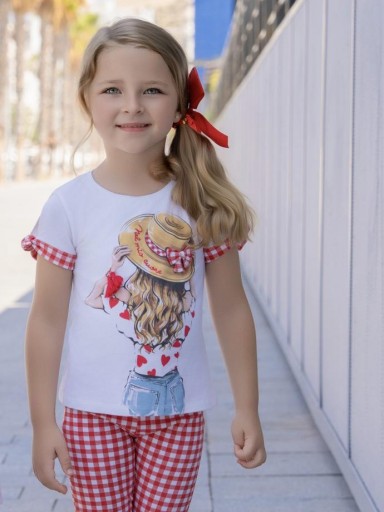 Miranda Conjunto Infantil camiseta detalles rojo pantalon cuadro Vichy "Flor de Cerezo" 0625/23