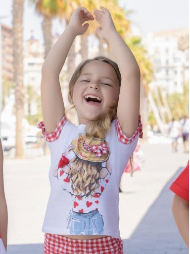Miranda Conjunto Infantil camiseta detalles rojo pantalon cuadro Vichy "Flor de Cerezo" 0625/23 [1]