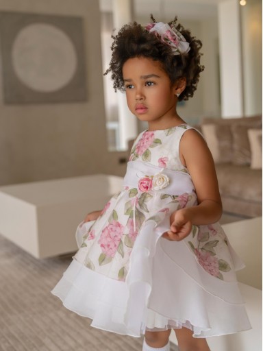 Miranda Vestido Infantil Ceremonia Gasa Blanco Estampado Grandes Flores "Gardenia" 0229/V
