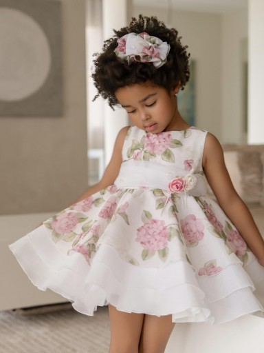 Miranda Vestido Infantil Ceremonia Gasa Blanco Estampado Grandes Flores "Gardenia" 0229/V [3]