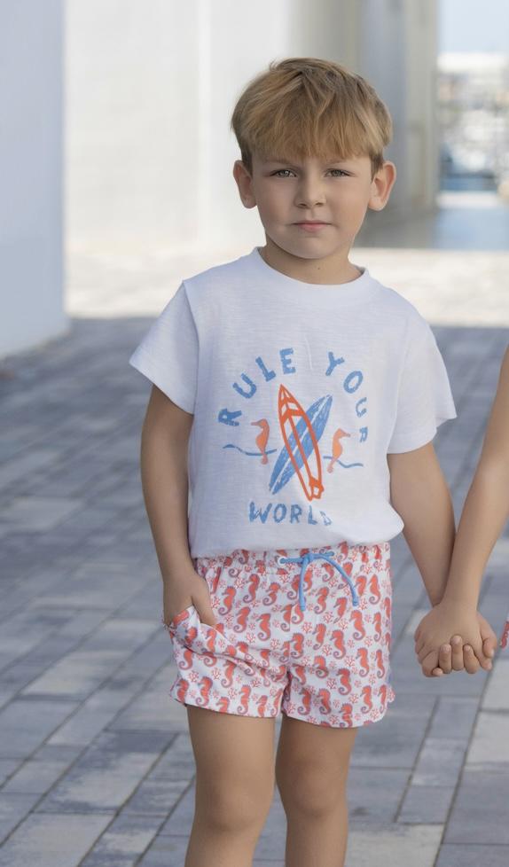 Miranda Conjunto Infantil Niño Camiseta m/c Bañador Estampado Caballitos de Mar "Clavelina" 0809/2B