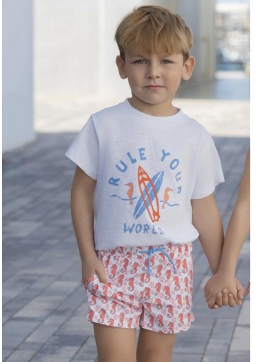 Miranda Conjunto Infantil Niño Camiseta m/c Bañador Estampado Caballitos de Mar "Clavelina" 0809/2B [0]