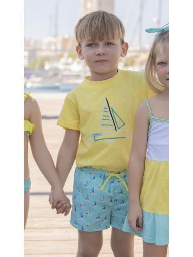 Miranda Conjunto Infantil Niño Camiseta m/c Amarilla Bañador Estampado Barcos "Lila" 0804/2B [0]