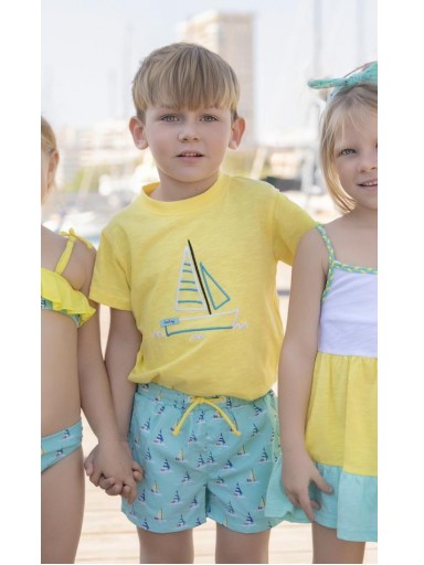 Miranda Conjunto Infantil Niño Camiseta m/c Amarilla Bañador Estampado Barcos "Lila" 0804/2B [1]