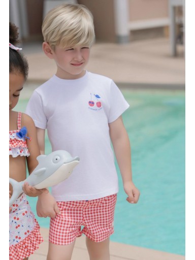 Miranda Conjunto Infantil Niño Camiseta m/c Blanca Cerezas Bañador Estampado Cuadro Vichy Rojo "Melisa" 0817/2B [0]