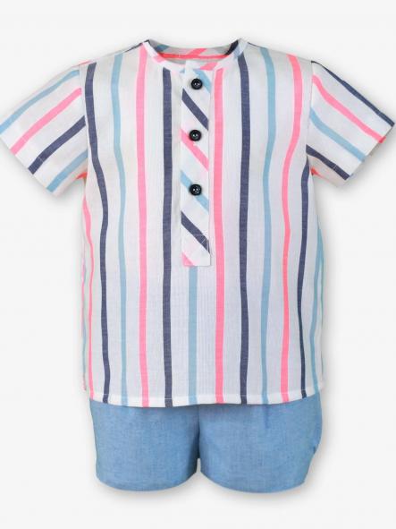 Miranda Conjunto Bebe Niño  Camisa m/l Rayas Pantalón Corto Azul "Peonia"0144/23 [1]