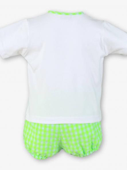 Miranda Conjunto Bebe Niño Camiseta m/c Blanco Pantalon Corto Cuadro Vichy Fluor "Bugandilla" 0515/23 [2]