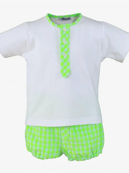 Miranda Conjunto Bebe Niño Camiseta m/c Blanco Pantalon Corto Cuadro Vichy Fluor "Bugandilla" 0515/23 [1]