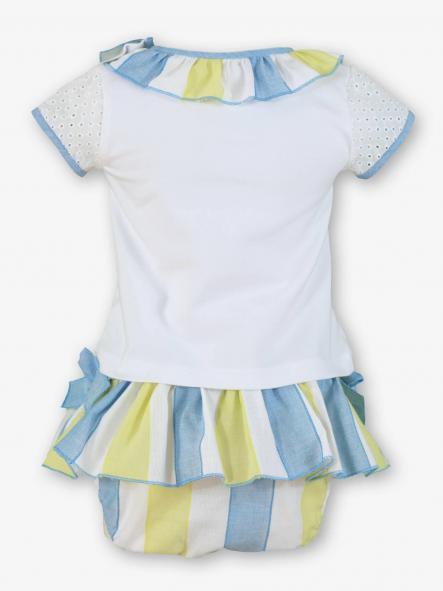 Miranda Conjunto Bebe Camiseta Blanca Serigrafia Lazo Braguita con Sobrefalda Rayas 0138/23 [3]
