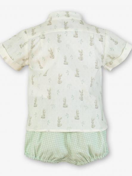 Miranda Conjunto Bebe Niño Camisa m/c Estampado Conejitos Pantalón Corto Cuadro Vichy Verde 0038/23 [2]