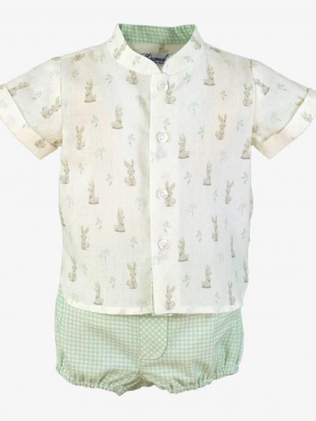 Miranda Conjunto Bebe Niño Camisa m/c Estampado Conejitos Pantalón Corto Cuadro Vichy Verde 0038/23 [1]