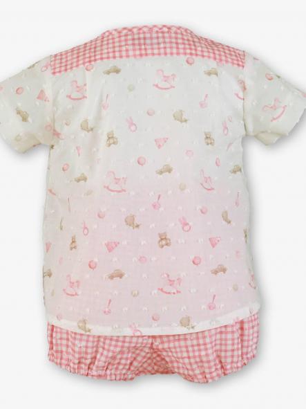 Miranda Conjunto Bebe Niño Camisa Plumeti m/c Estampado Pantalón Corto Cuadro Vichy rosa 0049/23 [2]