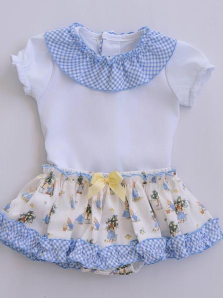 Miranda Conjunto Bebe Camiseta Blanca Volante Cuadro Vichy Azul Braguita Sobrefalda Conejitos 0025/23 [0]
